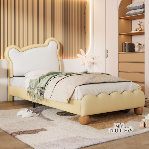 Einzelbett, Kinderbett, Jugendbett, Polsterbett mit kuscheligem Bärenkopfteil, Holzlattenrost