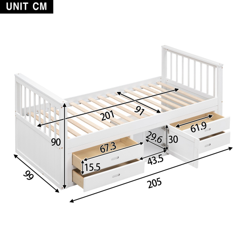 90x200 cm Podestbett, Kinderbett, Podestbett mit 4 Schubladen, mit Stauschrank