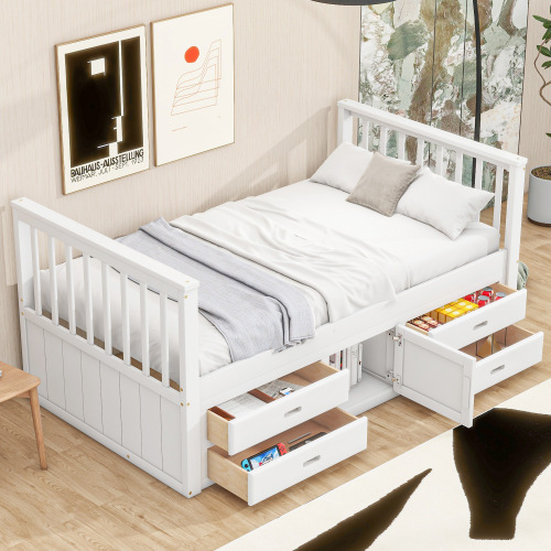 90x200 cm Podestbett, Kinderbett, Podestbett mit 4 Schubladen, mit Stauschrank