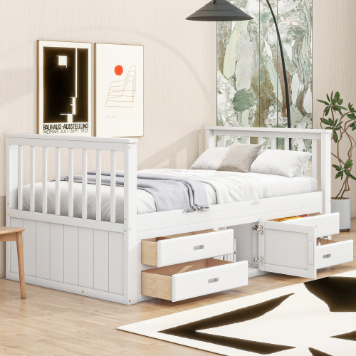 90x200 cm Podestbett, Kinderbett, Podestbett mit 4 Schubladen, mit Stauschrank