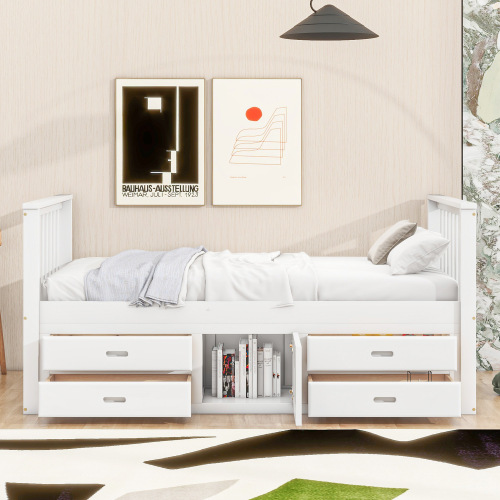 90x200 cm Podestbett, Kinderbett, Podestbett mit 4 Schubladen, mit Stauschrank