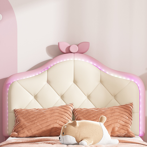 Polsterbett, Wellenform mit  Kopfende des Bettes, rosa Schleife, mit mehrfarbigen, wechselnden LED-Streifen, Kinderbett mit Holzlatten, 90x200cm 