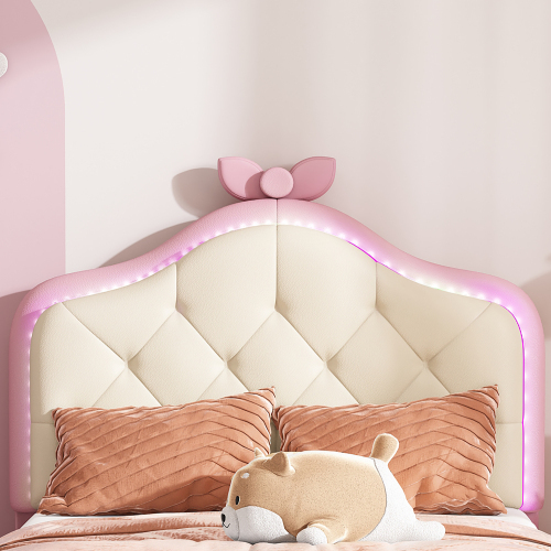 Polsterbett, Wellenform mit  Kopfende des Bettes, rosa Schleife, mit mehrfarbigen, wechselnden LED-Streifen, Kinderbett mit Holzlatten, 90x200cm 