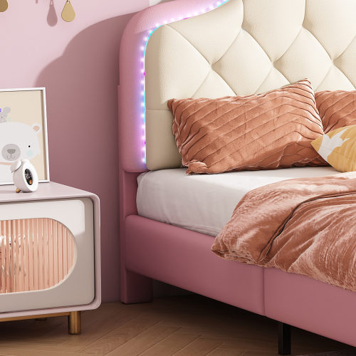 Polsterbett, Wellenform mit  Kopfende des Bettes, rosa Schleife, mit mehrfarbigen, wechselnden LED-Streifen, Kinderbett mit Holzlatten, 90x200cm 