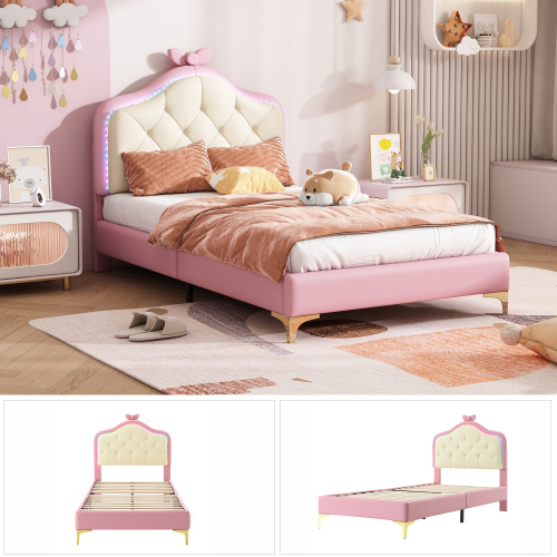 Polsterbett, Wellenform mit  Kopfende des Bettes, rosa Schleife, mit mehrfarbigen, wechselnden LED-Streifen, Kinderbett mit Holzlatten, 90x200cm 