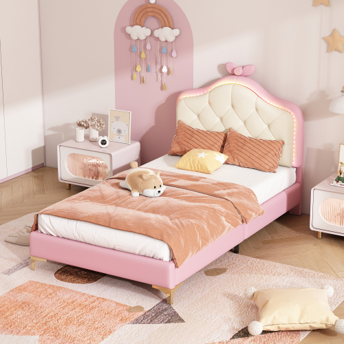 Polsterbett, Wellenform mit  Kopfende des Bettes, rosa Schleife, mit mehrfarbigen, wechselnden LED-Streifen, Kinderbett mit Holzlatten, 90x200cm 