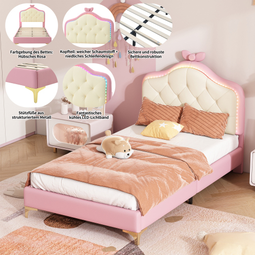 Polsterbett, Wellenform mit  Kopfende des Bettes, rosa Schleife, mit mehrfarbigen, wechselnden LED-Streifen, Kinderbett mit Holzlatten, 90x200cm 