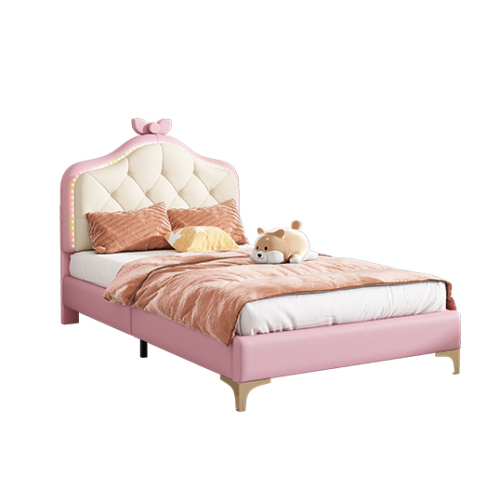 Polsterbett, Wellenform mit  Kopfende des Bettes, rosa Schleife, mit mehrfarbigen, wechselnden LED-Streifen, Kinderbett mit Holzlatten, 90x200cm 