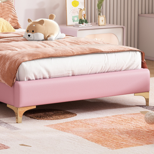 Polsterbett, Wellenform mit  Kopfende des Bettes, rosa Schleife, mit mehrfarbigen, wechselnden LED-Streifen, Kinderbett mit Holzlatten, 90x200cm 
