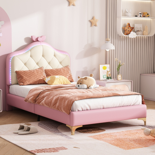 Polsterbett, Wellenform mit  Kopfende des Bettes, rosa Schleife, mit mehrfarbigen, wechselnden LED-Streifen, Kinderbett mit Holzlatten, 90x200cm 