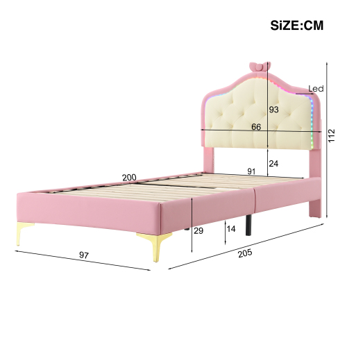 Polsterbett, Wellenform mit  Kopfende des Bettes, rosa Schleife, mit mehrfarbigen, wechselnden LED-Streifen, Kinderbett mit Holzlatten, 90x200cm 