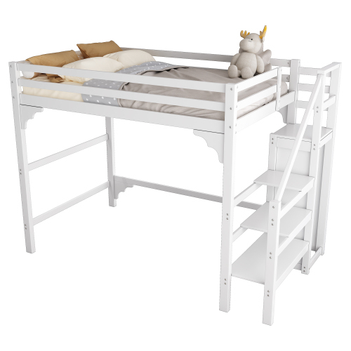 140*200cm Hochbett mit Lattenrost, mit Stufentreppe, mit Kleiderschrank, Jugendbett, Stauraum