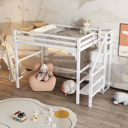 140*200cm Hochbett mit Lattenrost, mit Stufentreppe, mit Kleiderschrank, Jugendbett, Stauraum