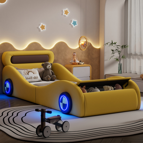 Polsterbett in Autoform mit beleuchteten Rädern-OKWISH