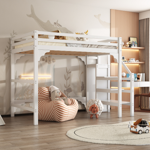 140*200cm Hochbett mit Lattenrost, mit Stufentreppe, mit Kleiderschrank, Jugendbett, Stauraum