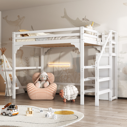 140*200cm Hochbett mit Lattenrost, mit Stufentreppe, mit Kleiderschrank, Jugendbett, Stauraum