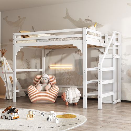 140*200cm Hochbett mit Lattenrost, mit Stufentreppe, mit Kleiderschrank, Jugendbett, Stauraum