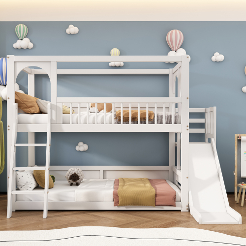 Kinder-Etagenbett, Doppelbett, multifunktionales Kinderbett, mit Regalen, mit Rutsche, ohne Matratze