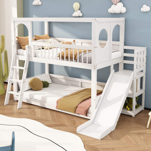 Kinder-Etagenbett, Doppelbett, multifunktionales Kinderbett, mit Regalen, mit Rutsche, ohne Matratze