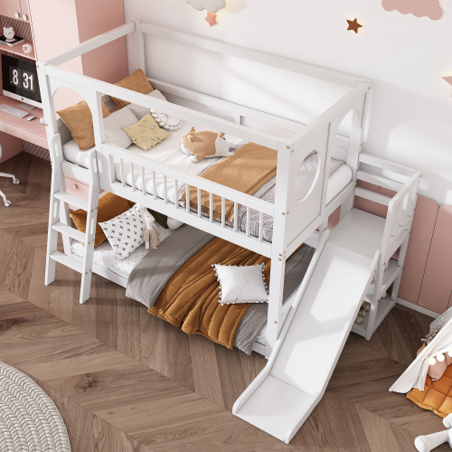 Kinder-Etagenbett, Doppelbett, multifunktionales Kinderbett, mit Regalen, mit Rutsche, ohne Matratze