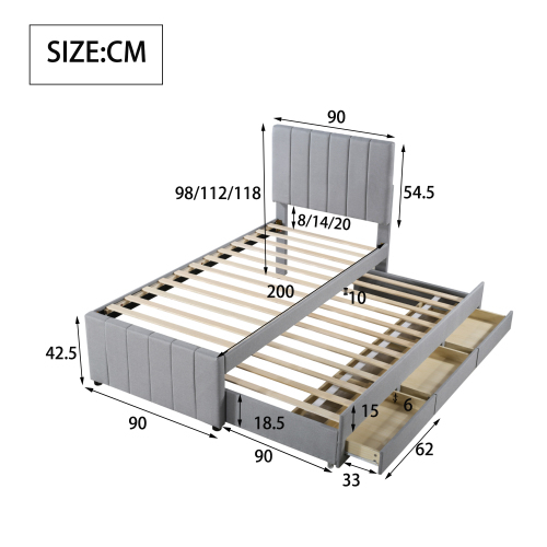 Polsterbett mit Ausziehbett und Schubladen, hautfreundliche Leinenpolsterung, Kinderbett, Jugendbett