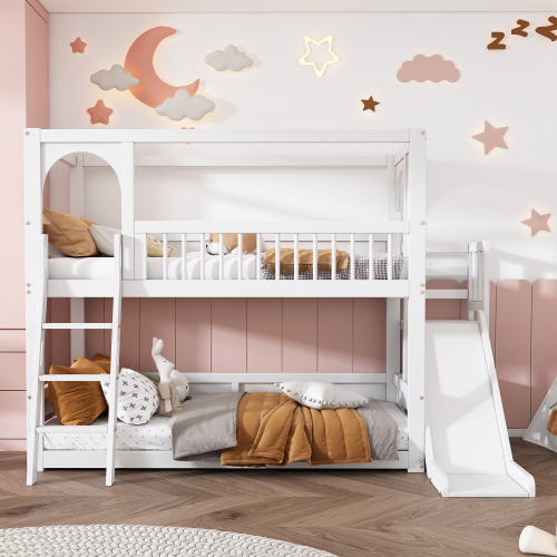 Kinder-Etagenbett, Doppelbett, multifunktionales Kinderbett, mit Regalen, mit Rutsche, ohne Matratze