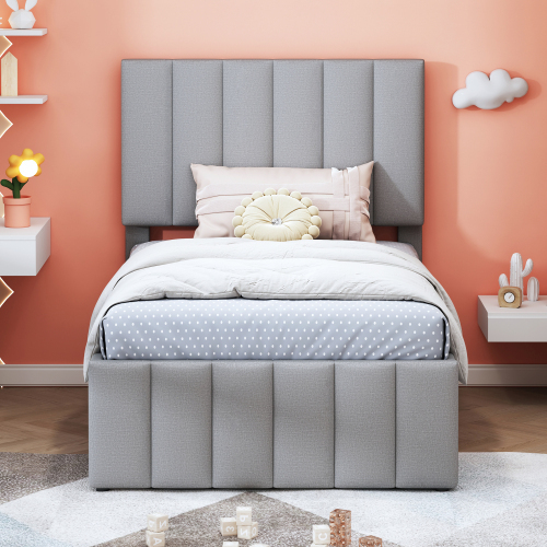 Polsterbett mit Ausziehbett und Schubladen, hautfreundliche Leinenpolsterung, Kinderbett, Jugendbett