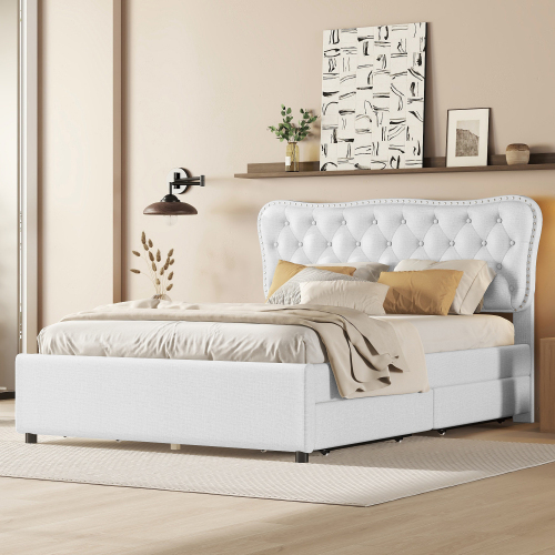 140*200 cm Polsterbett, Doppelbett, Podestbett, Polsterbett mit vier Schubladen,Leinen