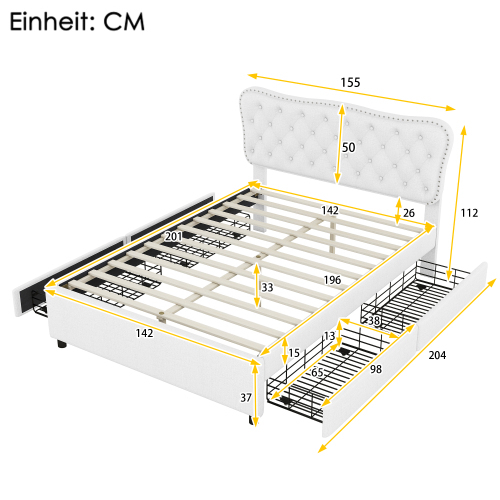 140*200 cm Polsterbett, Doppelbett, Podestbett, Polsterbett mit vier Schubladen,Leinen