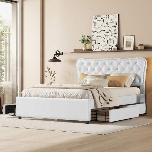 140*200 cm Polsterbett, Doppelbett, Podestbett, Polsterbett mit vier Schubladen,Leinen