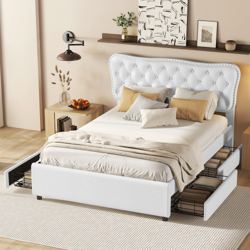 140*200 cm Polsterbett, Doppelbett, Podestbett, Polsterbett mit vier Schubladen,Leinen