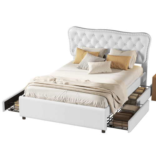 140*200 cm Polsterbett, Doppelbett, Podestbett, Polsterbett mit vier Schubladen,Leinen