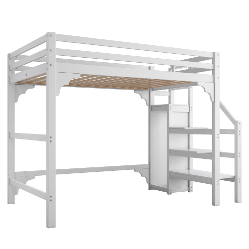 140*200cm Hochbett mit Lattenrost, mit Stufentreppe, mit Kleiderschrank, Jugendbett, Stauraum