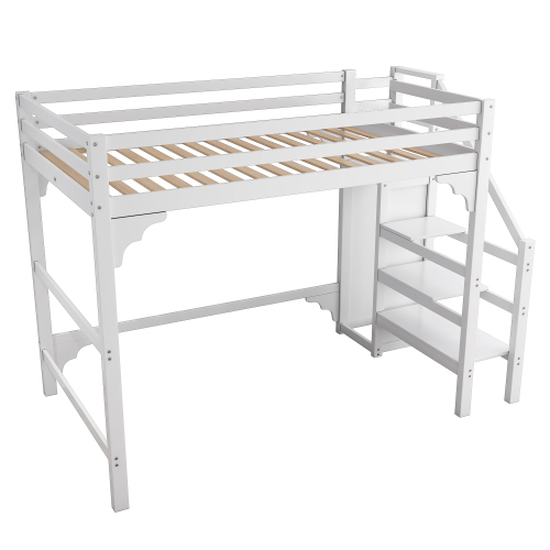 140*200cm Hochbett mit Lattenrost, mit Stufentreppe, mit Kleiderschrank, Jugendbett, Stauraum