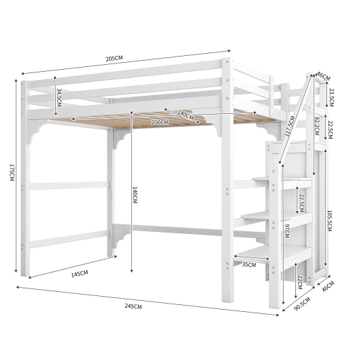 140*200cm Hochbett mit Lattenrost, mit Stufentreppe, mit Kleiderschrank, Jugendbett, Stauraum