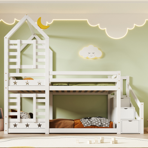 Kinderbett Baumhaus mit Schublade und Rausfallschutz , Hochbett für Kinder– 2x Lattenrost