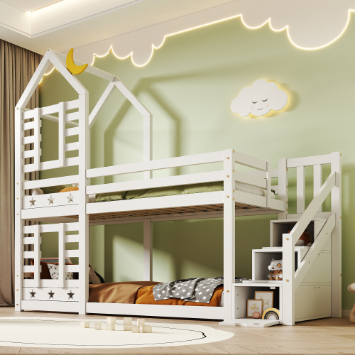 Kinderbett Baumhaus mit Schublade und Rausfallschutz , Hochbett für Kinder– 2x Lattenrost