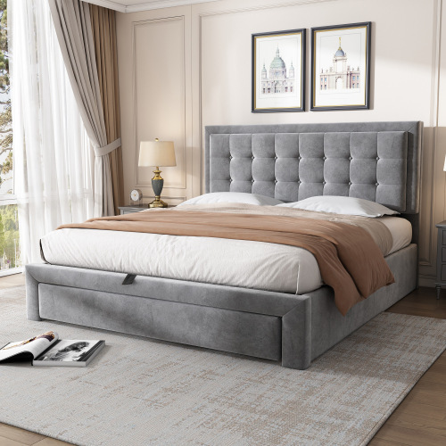 Bett mit Kasten und Schubladen, Samtstoff, Polsterbett, Lattenrost, Doppelbett, großer Stauraum