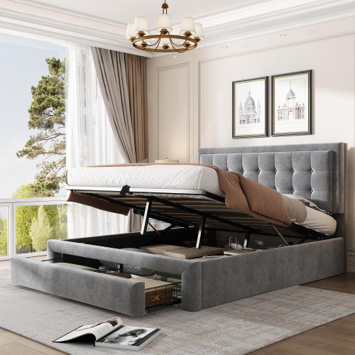 Bett mit Kasten und Schubladen, Samtstoff, Polsterbett, Lattenrost, Doppelbett, großer Stauraum