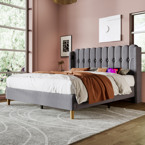 Bett mit Leinenpolsterung-OKWISH