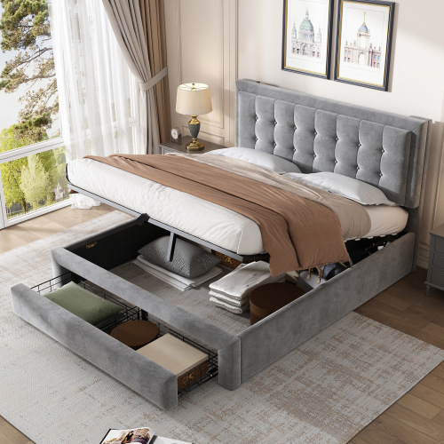 Bett mit Kasten und Schubladen, Samtstoff, Polsterbett, Lattenrost, Doppelbett, großer Stauraum