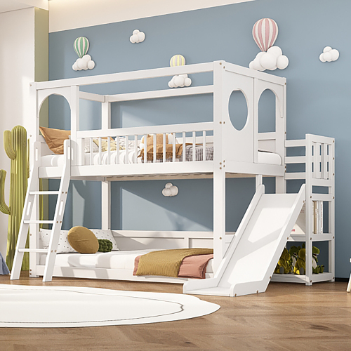 Kinder-Etagenbett, Doppelbett, multifunktionales Kinderbett, mit Regalen, mit Rutsche, ohne Matratze