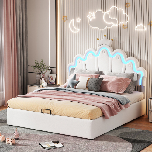 140*200cm Flachbett, Polsterbett, Prinzessinnenbett, verstellbare Ambiente-Beleuchtung, Kronenleiste