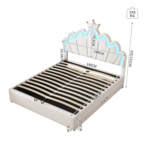 140*200cm Flachbett, Polsterbett, Prinzessinnenbett, verstellbare Ambiente-Beleuchtung, Kronenleiste