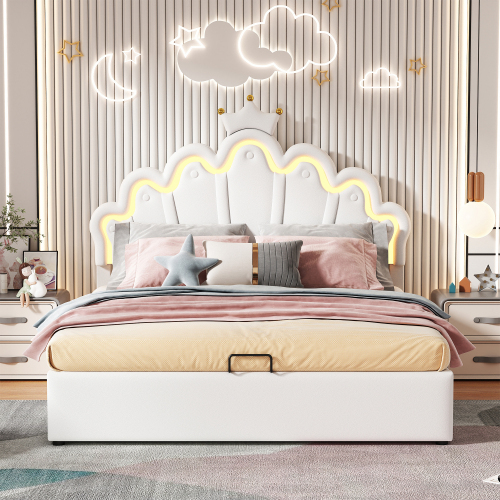 140*200cm Flachbett, Polsterbett, Prinzessinnenbett, verstellbare Ambiente-Beleuchtung, Kronenleiste
