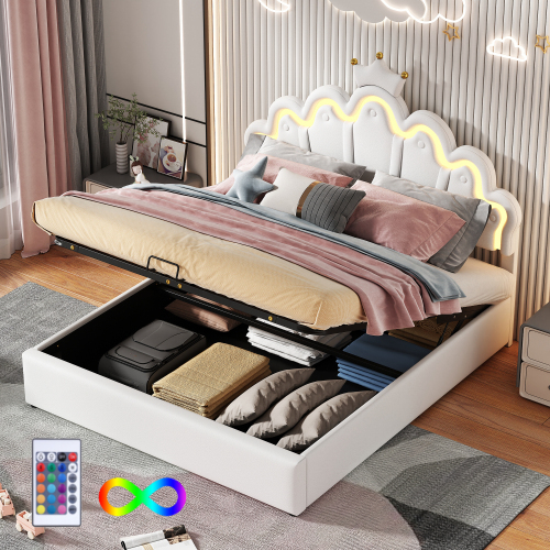140*200cm Flachbett, Polsterbett, Prinzessinnenbett, verstellbare Ambiente-Beleuchtung, Kronenleiste