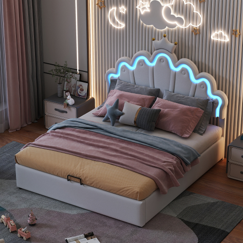 140*200cm Flachbett, Polsterbett, Prinzessinnenbett, verstellbare Ambiente-Beleuchtung, Kronenleiste