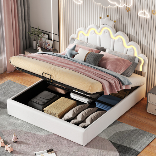 140*200cm Flachbett, Polsterbett, Prinzessinnenbett, verstellbare Ambiente-Beleuchtung, Kronenleiste