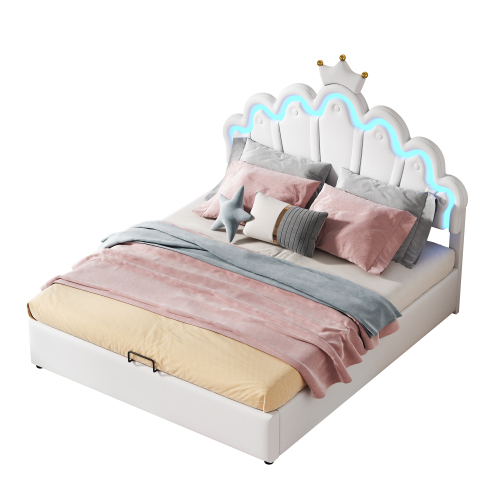 140*200cm Flachbett, Polsterbett, Prinzessinnenbett, verstellbare Ambiente-Beleuchtung, Kronenleiste