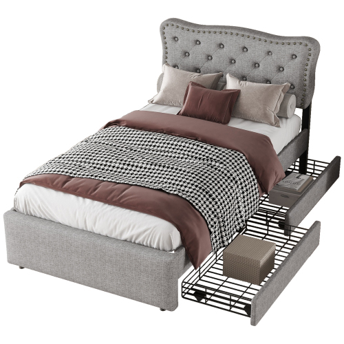 Gepolstertes Bett, Nachttischpolsterung mit dekorativen Nieten, doppelte Schubladen